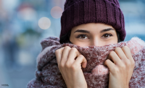 Woman in a knit hat covering her mouth with her scarf